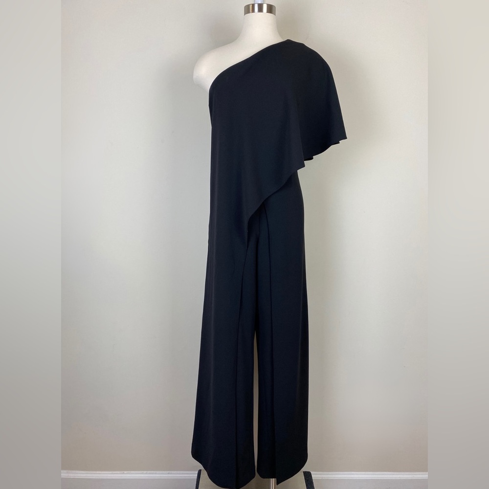 Adrianna Papell One Shoulder Jumpsuit Black, Size 14P Wide Leg Pants Flutter Slv